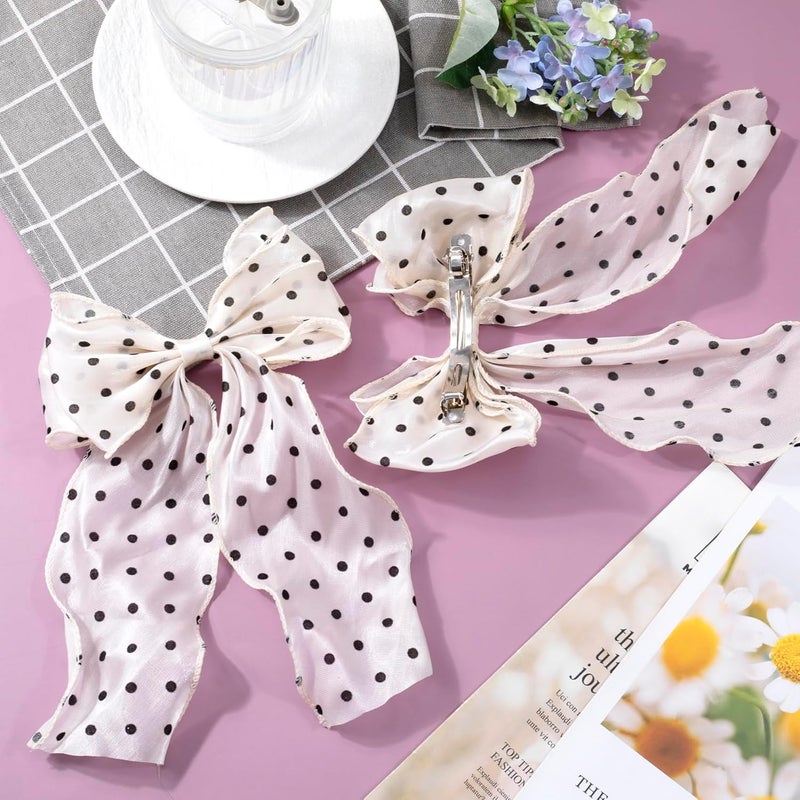 STSTR 2Pcs Large Hair Bow Clips, Silk Yarn Ribbon Bow Hair Barrette for Women, Elegant Long Tail Bowknot French Hair Accessories for Wedding, Parties, Festivals (White Bow Black Dots) - Image 3